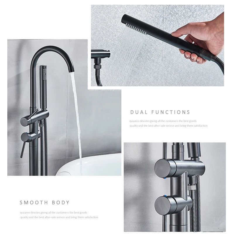 Quyanre Black Bathtub Floor Stand Faucet Mixer Single Handle Mixer Tap 360 Rotation Spout With ABS Handshower Bath Mixer Shower