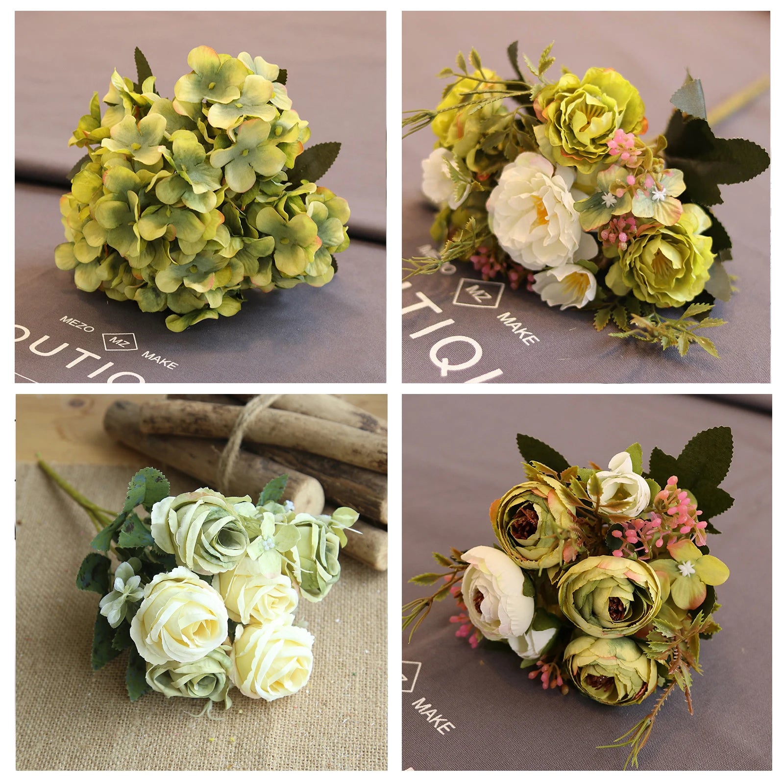 Green Artificial Flowers Peony Tea Rose Autumn Silk Fake Flowers