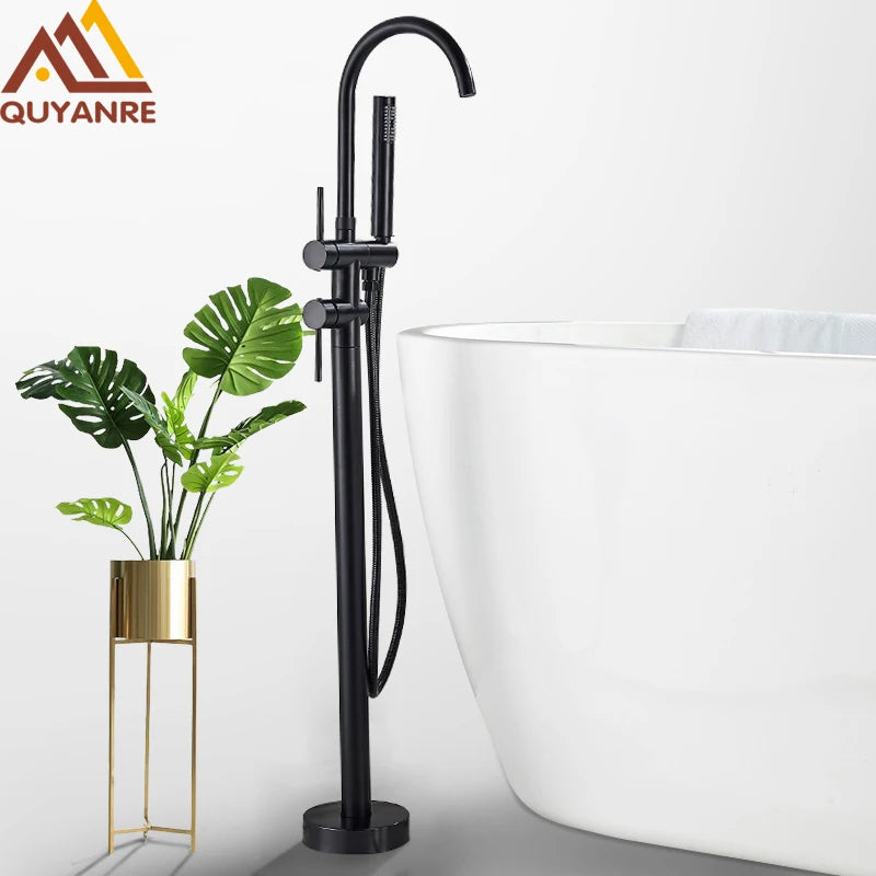 Quyanre Black Bathtub Floor Stand Faucet Mixer Single Handle Mixer Tap 360 Rotation Spout With ABS Handshower Bath Mixer Shower