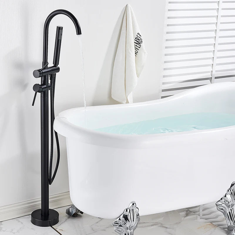 Quyanre Black Bathtub Floor Stand Faucet Mixer Single Handle Mixer Tap 360 Rotation Spout With ABS Handshower Bath Mixer Shower