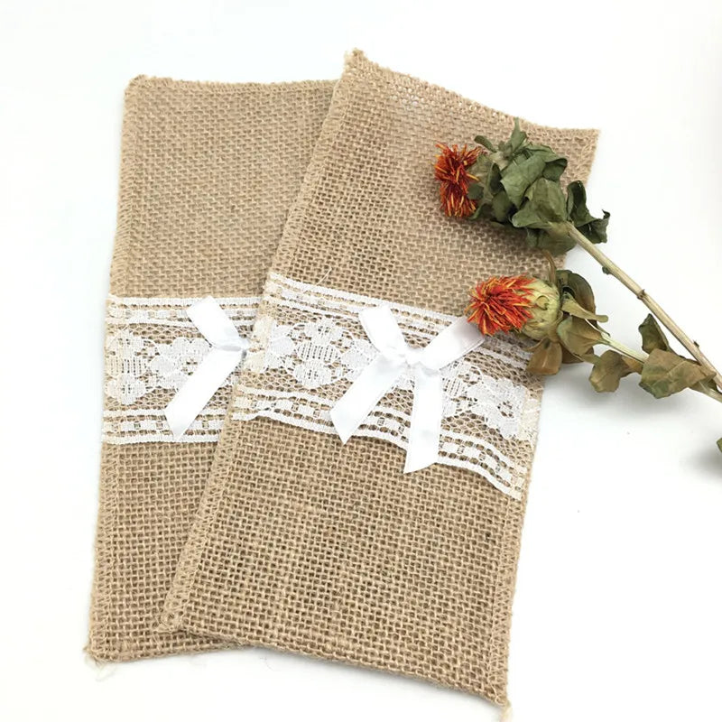 Natural Jute Burlap Cutlery Holders Packaging Fork and Knife for Wedding