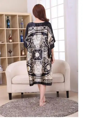 Novelty Print Black Female Satin Robe Dress Nightgown Novelty Women's Kaftan Bath Gown Summer Lounge Homewear Plus Size 6XL