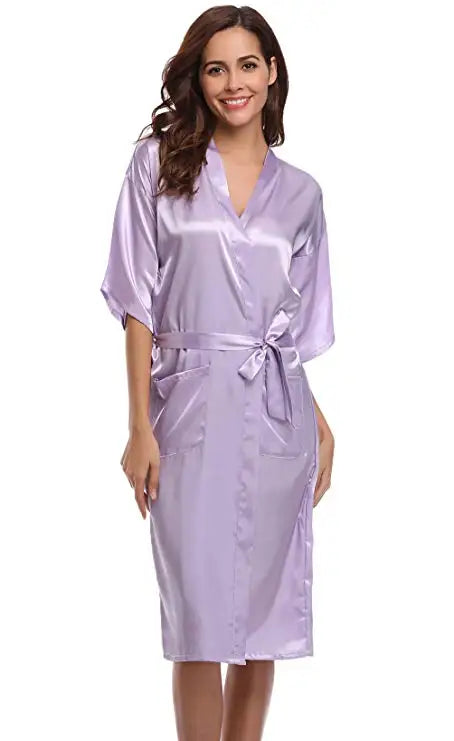 PURPLE Womens Robe Hot Sale Faux Silk Kimono Bath Gown Female Sexy Bathrobe Nightgown Mujer Pijama Size S M L XL XXL XXXL Zh02A