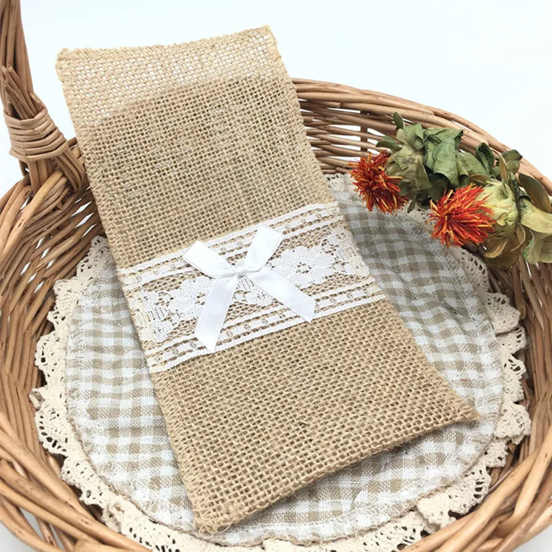 Natural Jute Burlap Cutlery Holders Packaging Fork and Knife for Wedding