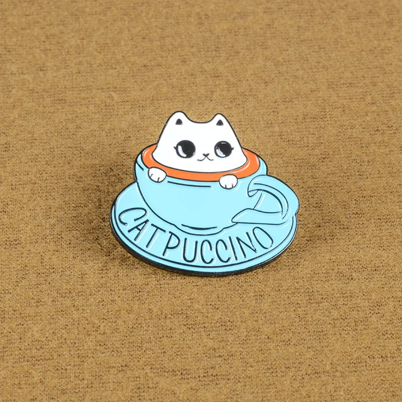 Pet Cat Themed Coffee Shop Souvenir Gift For Friends Blue Tea Cup Cute White Cat Coffee Bath Enamel Brooches Badge Lapel Pins