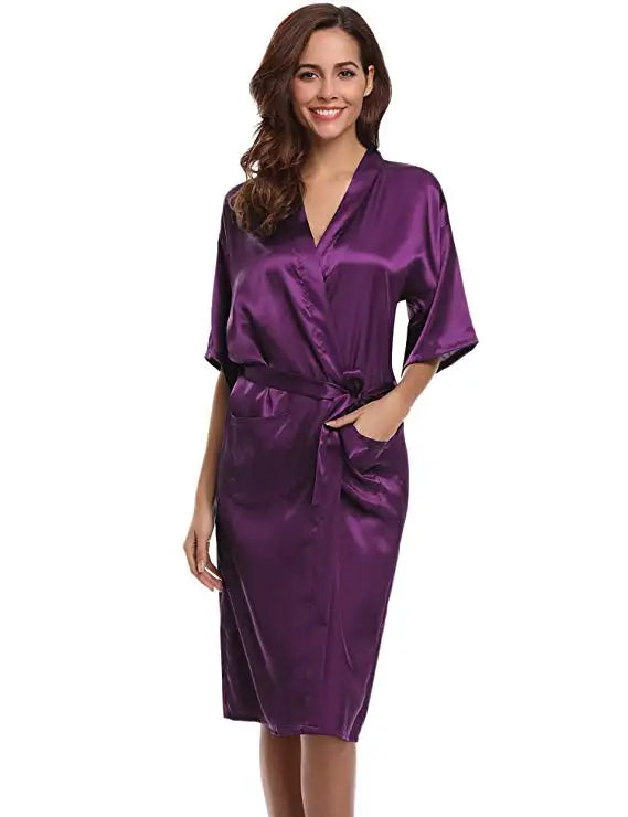 PURPLE Womens Robe Hot Sale Faux Silk Kimono Bath Gown Female Sexy Bathrobe Nightgown Mujer Pijama Size S M L XL XXL XXXL Zh02A