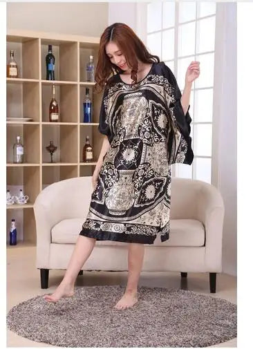 Novelty Print Black Female Satin Robe Dress Nightgown Novelty Women's Kaftan Bath Gown Summer Lounge Homewear Plus Size 6XL