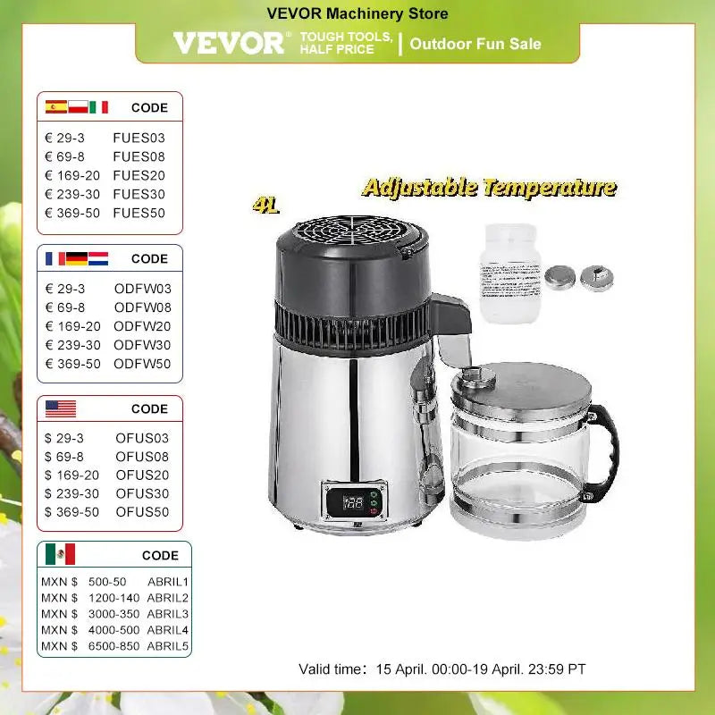 VEVOR 4L Water Distiller Filter Machine Distilled Distillation Purifie ...