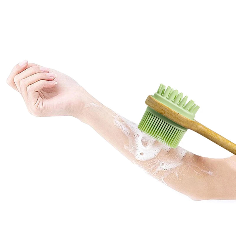 Silicone Brush Head Back Scrubber Shower Brush With Long Wooden Handle Dry Skin Exfoliating Body Massage Cleaning Tool