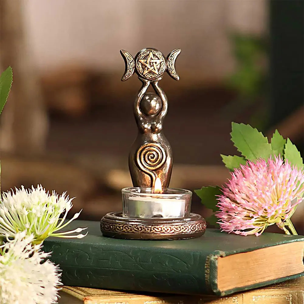 Goddess Triple Moon Tealight Candle Holder Stand Resin Sculpture Candlesticks Home Decor Gift