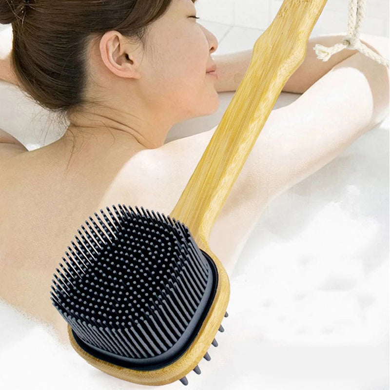 Silicone Brush Head Back Scrubber Shower Brush With Long Wooden Handle Dry Skin Exfoliating Body Massage Cleaning Tool