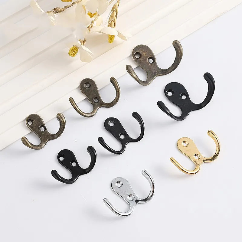 1PC Antique Wall Door Bath Double Prong Coat Hook Hanger,Pot Handbag Bag Hanger Hooks,2 Holes Hardware Bronze Black Silver