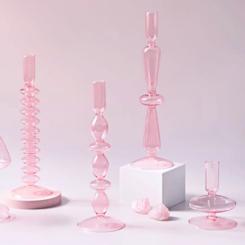 1pc Pink Glass Candle Holder Taper Candles Candlesticks Holder Wedding Table Centerpieces Nordic Home Decoration Vases