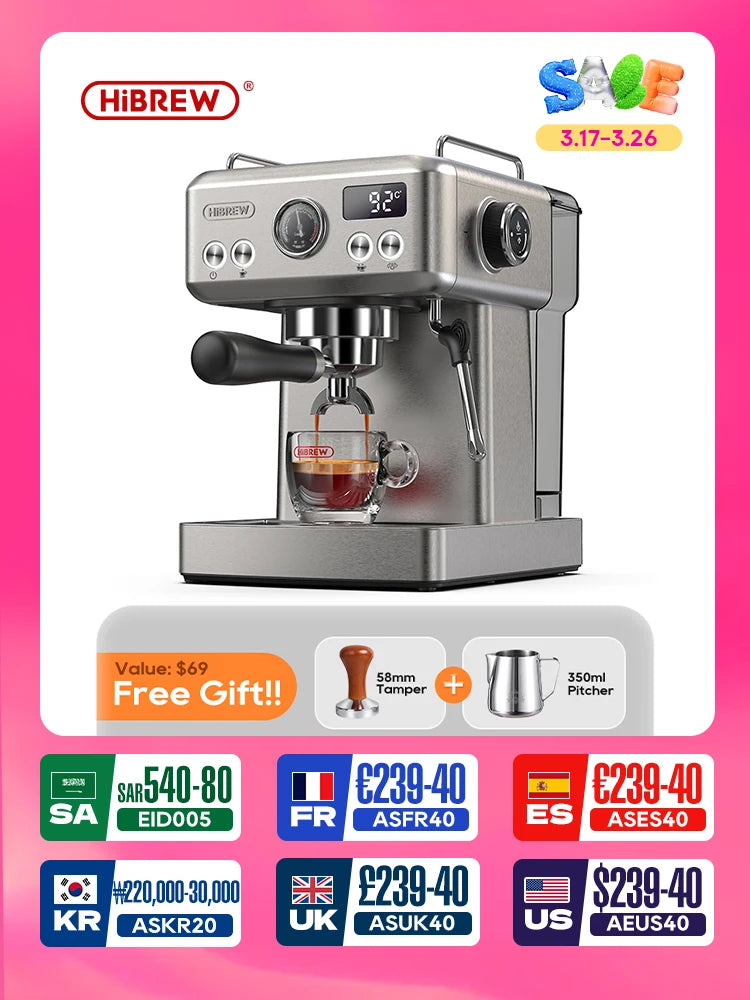 HiBREW 20Bar Semi Automatic Espresso Coffee Machine Temperature Adjustable 58mm Portafilter Cold/Hot Coffee Maker Metal CaseH10A