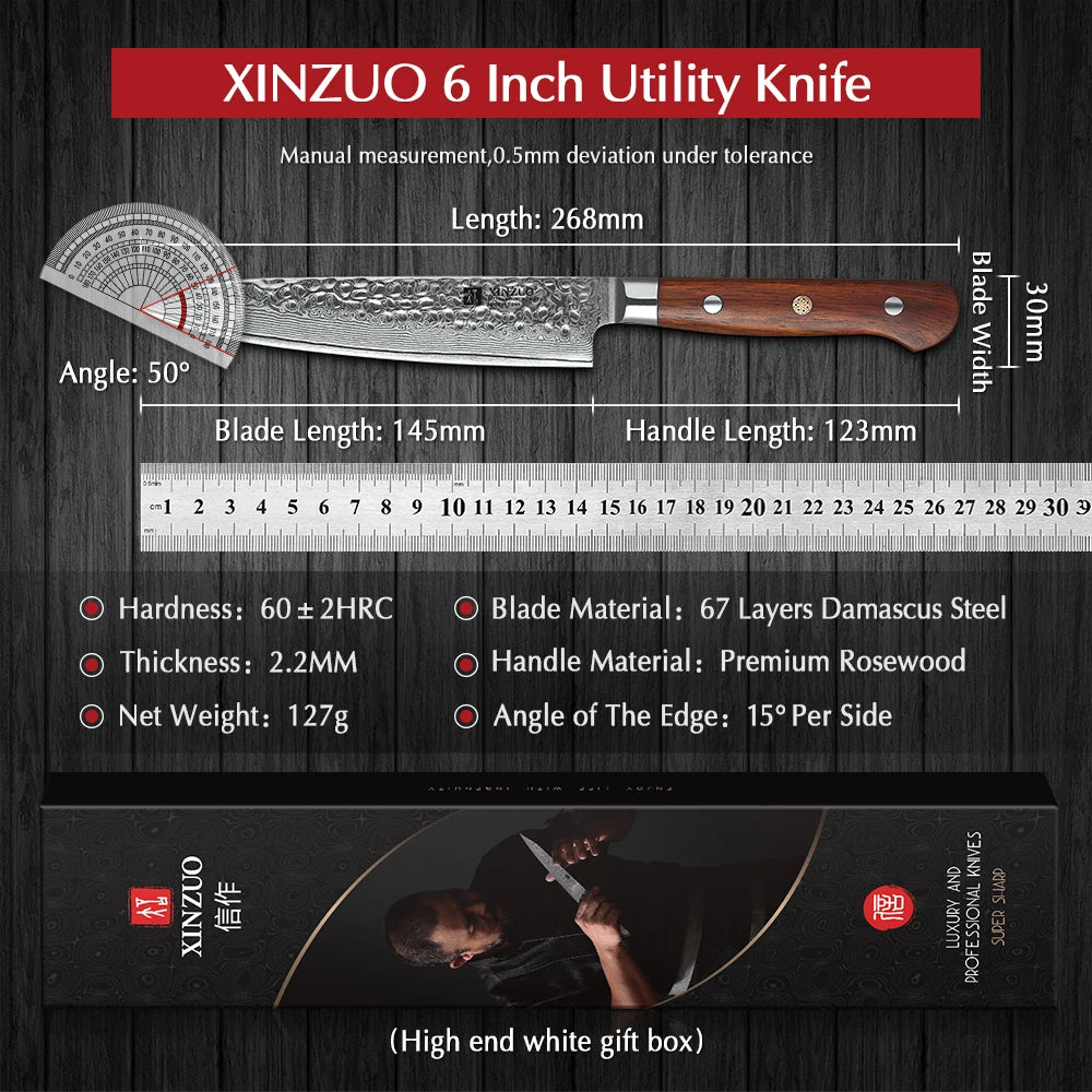 XINZUO 6'' Utility Knife vg10 Damascus Steel Kitchen Utility Knives