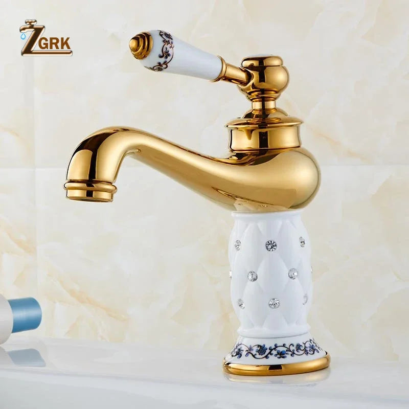 ZGRK Basin Faucets Diamond Gold Bathroom Faucet Single Handle Mixer Tap Hot and Cold Water Mixer Crane Bath Brass Mixer Tap