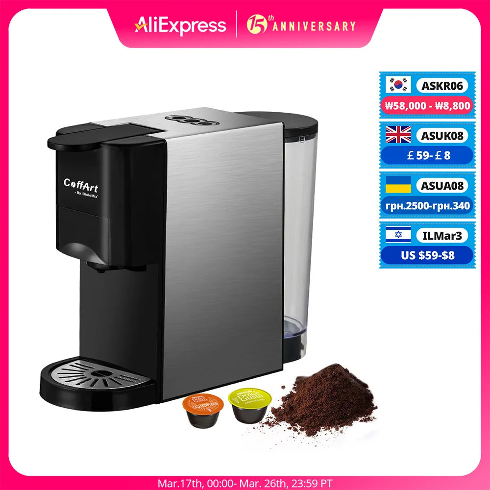 BioloMix 3 in 1 Espresso Coffee Machine 19Bar 1450W Multiple Capsule Coffee Maker Fit Nespresso,Dolce Gusto and Coffee Powder