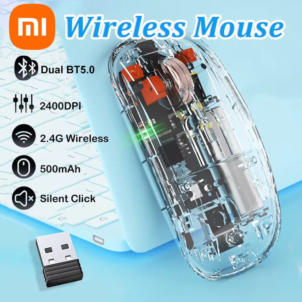 Xiaomi 2400DPI Bluetooth Wireless Mouse Full Transparent Cool Silent Dual Mode 2.4G500Ah Rechargeable Ergonomic Universal