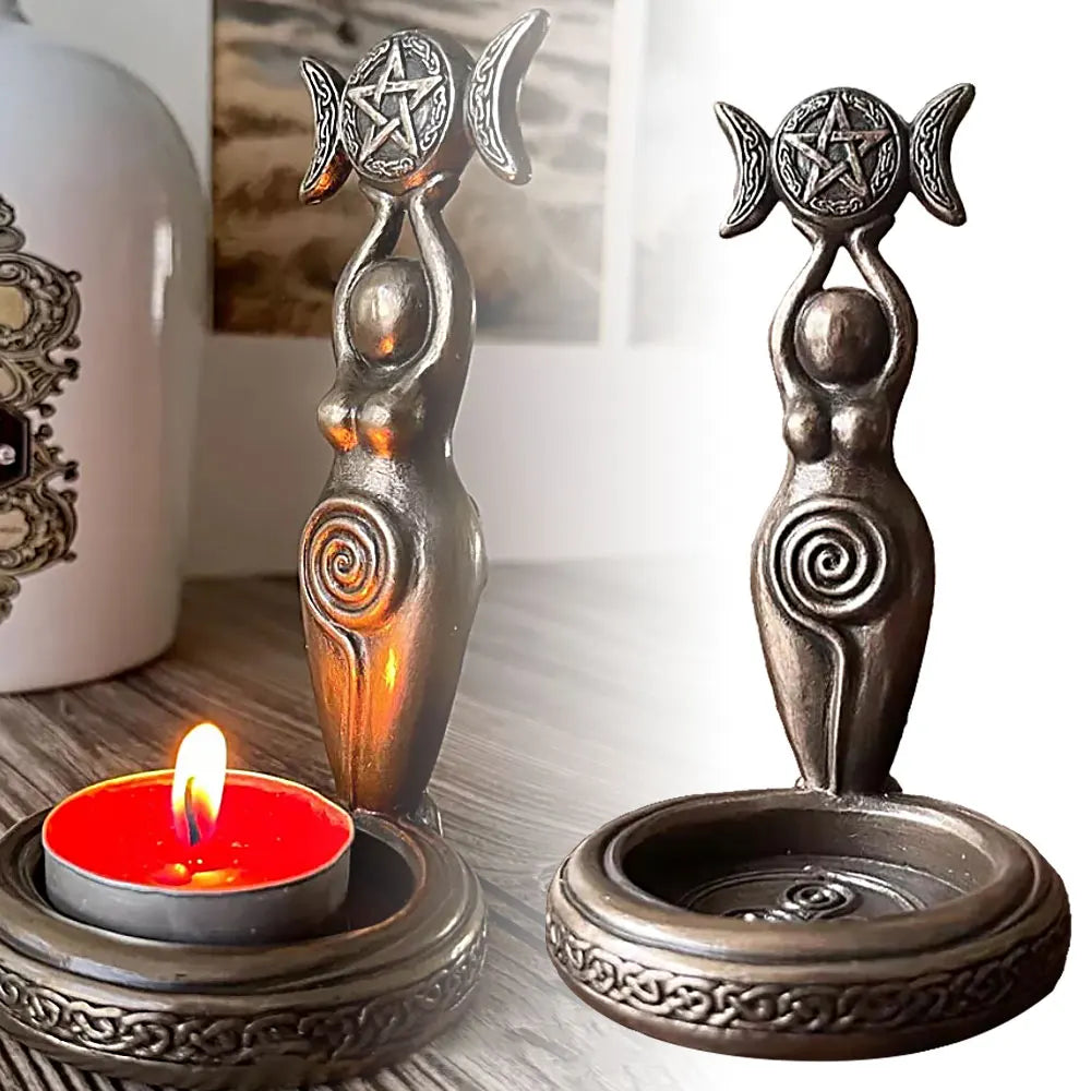 Goddess Triple Moon Tealight Candle Holder Stand Resin Sculpture Candlesticks Home Decor Gift