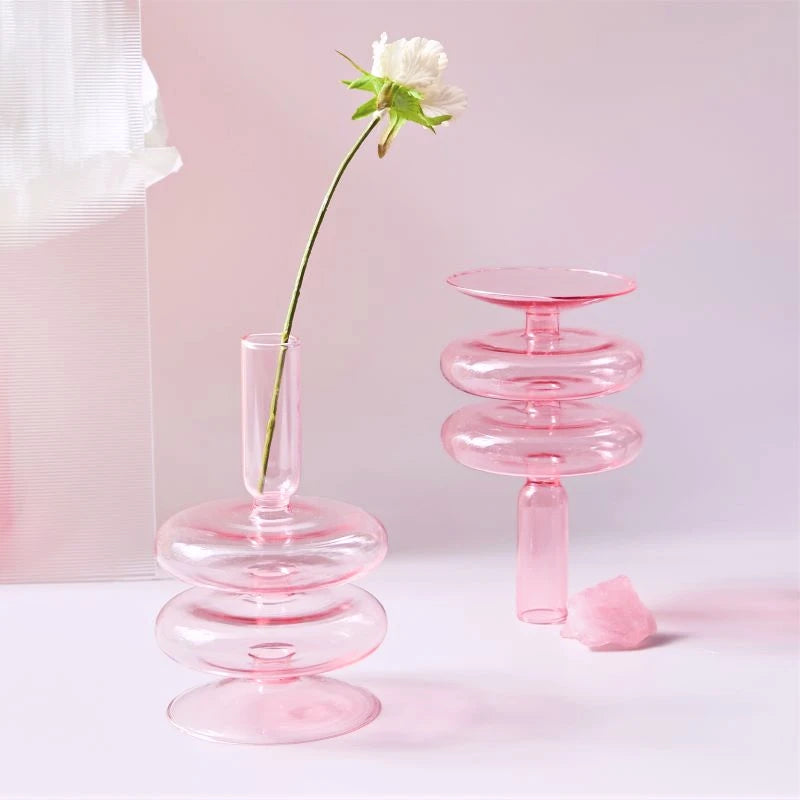 1pc Pink Glass Candle Holder Taper Candles Candlesticks Holder Wedding Table Centerpieces Nordic Home Decoration Vases