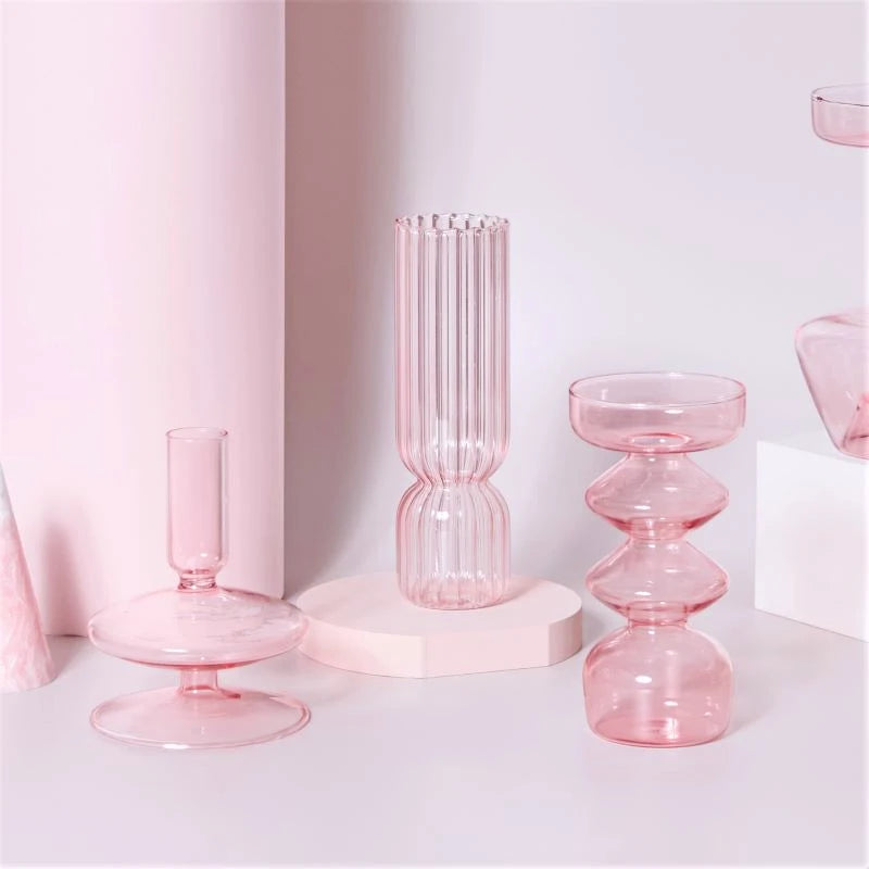 1pc Pink Glass Candle Holder Taper Candles Candlesticks Holder Wedding Table Centerpieces Nordic Home Decoration Vases