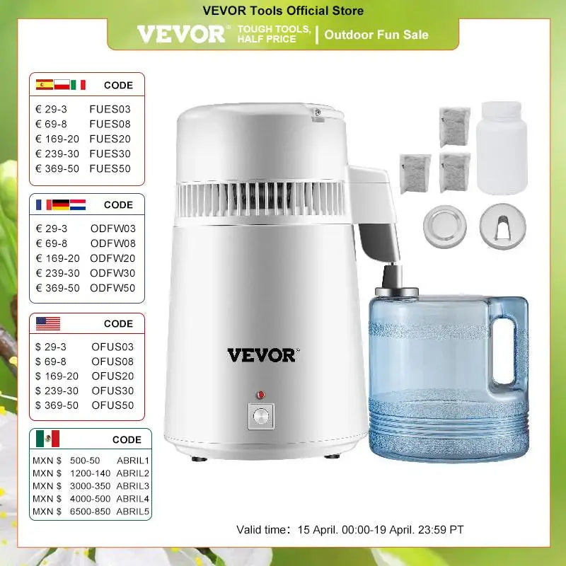 VEVOR 4L Water Distiller Purifier Filter Dispenser Heating Drinking Bottle Softener 304 Stainless Home Appliance for Office Use