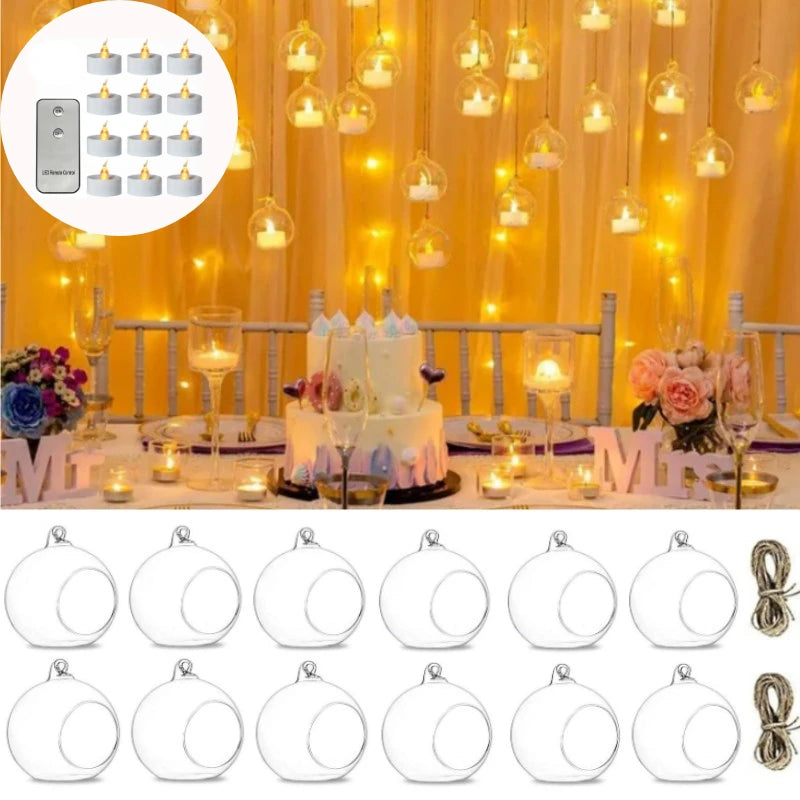 6/12 Pcs Transparent Glass Candle Holder with LED Candles Flower Hanging Ball Vase Glass Ball for Home Wedding Party Decor