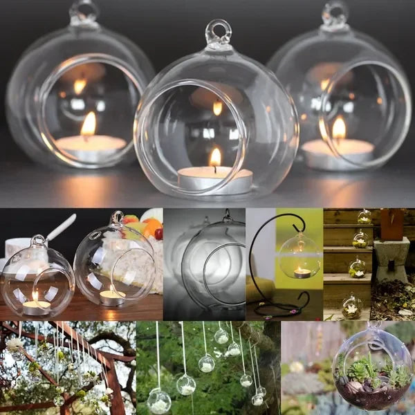 6/12 Pcs Transparent Glass Candle Holder with LED Candles Flower Hanging Ball Vase Glass Ball for Home Wedding Party Decor