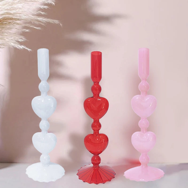 Retro Taper Candle Holders Red Heart Shape Glass Candlesticks Wedding Table Decoration Home Party Glass Vase Decor