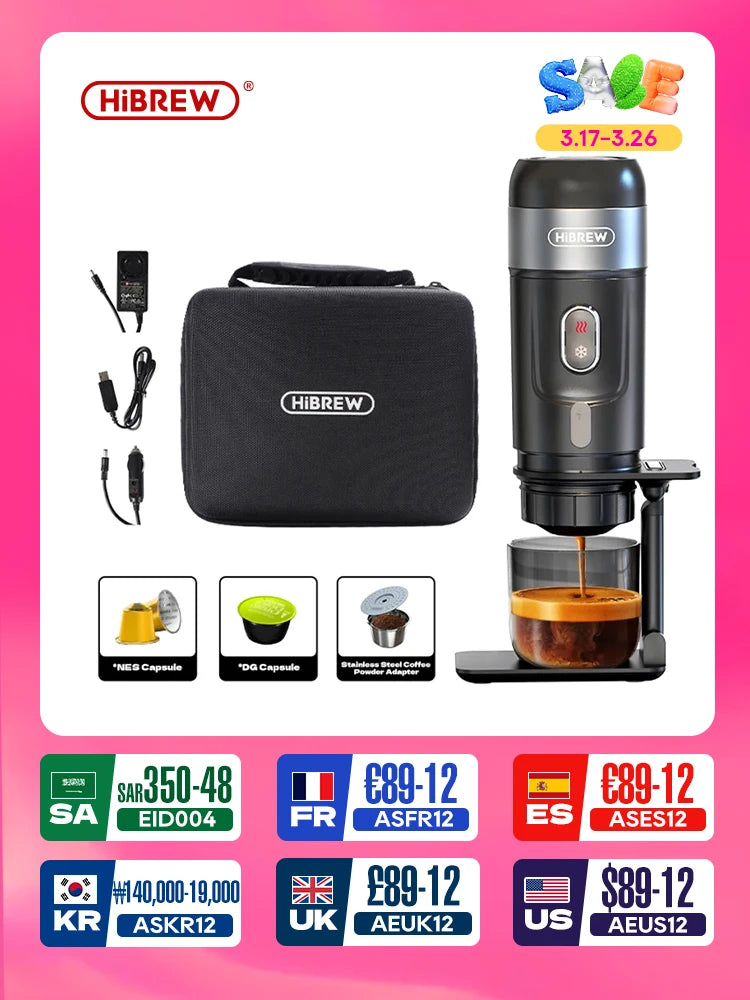 HiBREW Portable Coffee Machine for Car & Home,DC12V Expresso Coffee Maker Fit Nexpresso Dolce Pod Capsule Coffee Powder H4A