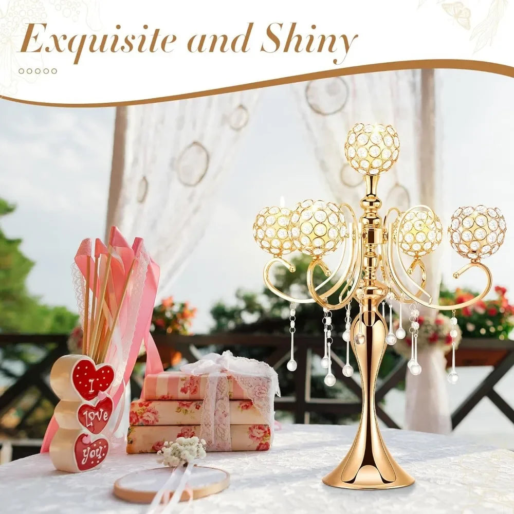 4 Pcs 25.6” 5 Arm Candle Holder Centerpieces Gold Crystal Centerpieces Crystal Candle Holders Dining Table Center Vase Kerzen